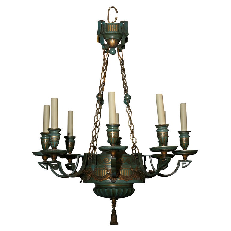 Painted wood and gilt iron chandelier by E.F. Caldwell For Sale