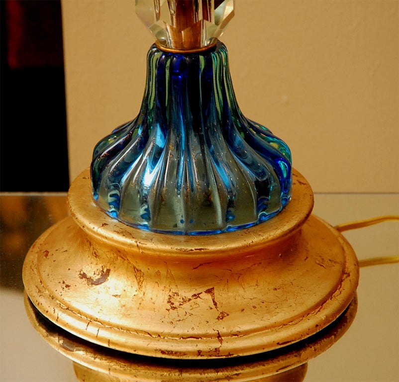 Tall Blue and Clear Murano Glass Lamp with Wood Base In Good Condition In Cathedral City, CA