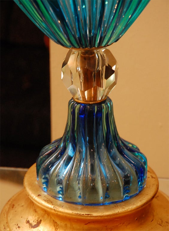 Mid-20th Century Tall Blue and Clear Murano Glass Lamp with Wood Base