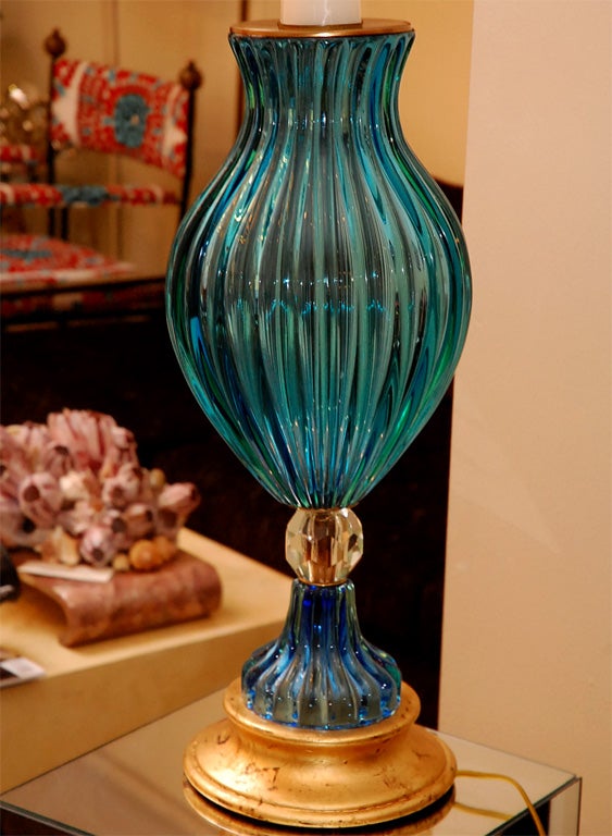 Tall Blue and Clear Murano Glass Lamp with Wood Base 1