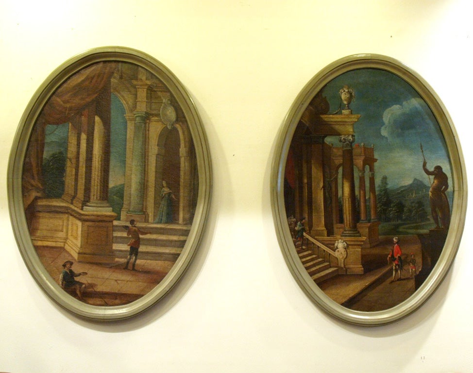 Pair of 18th century oil on canvas of ruins with recent frames. The frames are approximately 50-60 years old. The canvases and stretchers are 18th c.