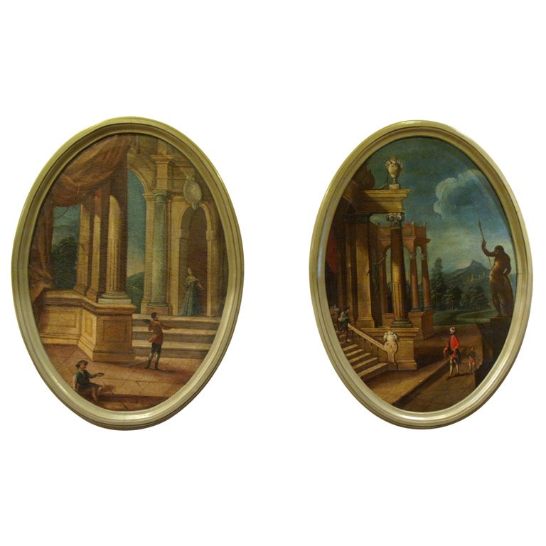 PAIR ITALIAN OIL ON CANVAS OVAL LANDSCAPES For Sale