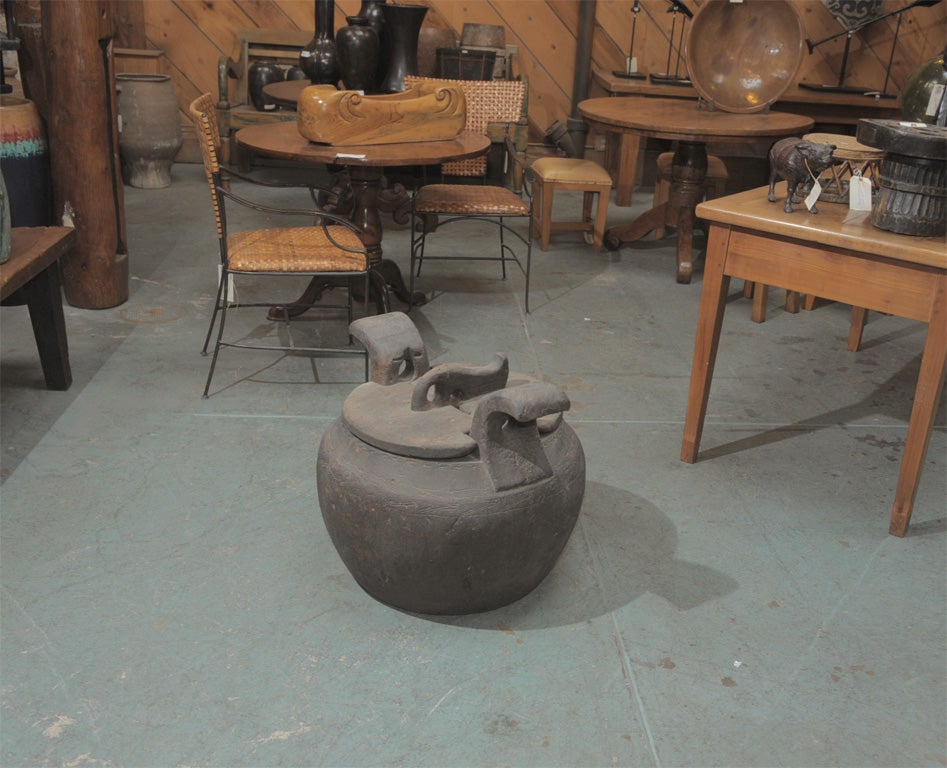 Large rumbi (container to sprout rice seedlings) with lid. Carried to the rice paddy where sprouted seedlings were extracted to plant. Great for a large plant or as a sculptural piece.