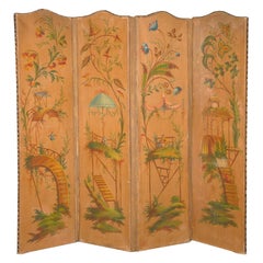 A Hand Painted Chinoiserie Four Paneled Canvas Screen