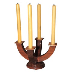 Vintage A Stamped Four Branch Rosewood and Copper Art Deco Candlestick