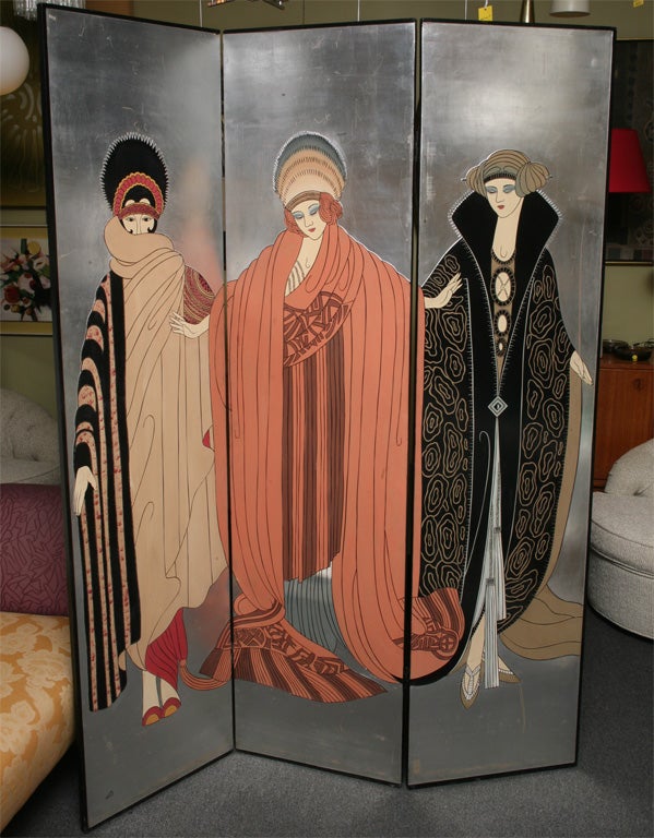 SOLD APRIL 2010 Fabulous Art Deco Ladies after Erte adorn the front of this tall three panel screen.  Finished with a background of silver leaf, these polychromed sphisticated ladies and their exquisite costumes are a delight.  The back sides are