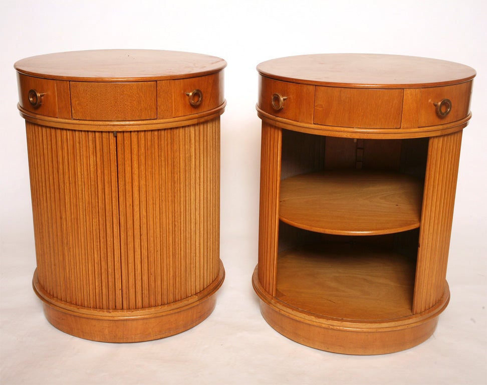 Great Pair of Edward Wormley for Dunbar end tables/nightstands<br />
with storage hidden behind Tambor doors and drawers<br />
that swivel out,marked Dunbar below