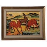 Vintage French Art Deco Lanscape with Horses, Signed LM
