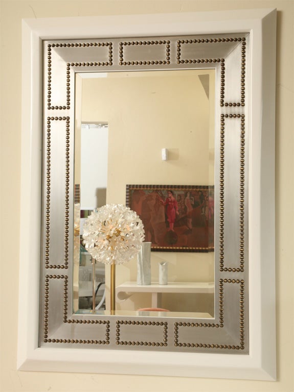 Modern White Lacquered Studded Mirror