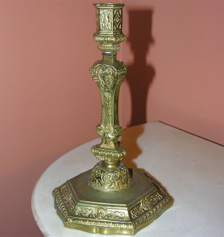 Fine Pair of Louis XIV bronze candlesticks with original mercury gilding.