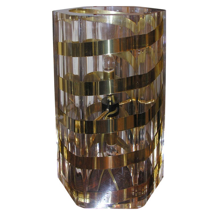Pair of hexagonal lucite table lamps with spiral brass band