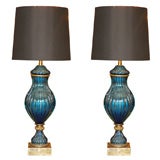 Vintage Pair of Barovier & Toso Blue Glass Lamps by Marbro Lamp Co.
