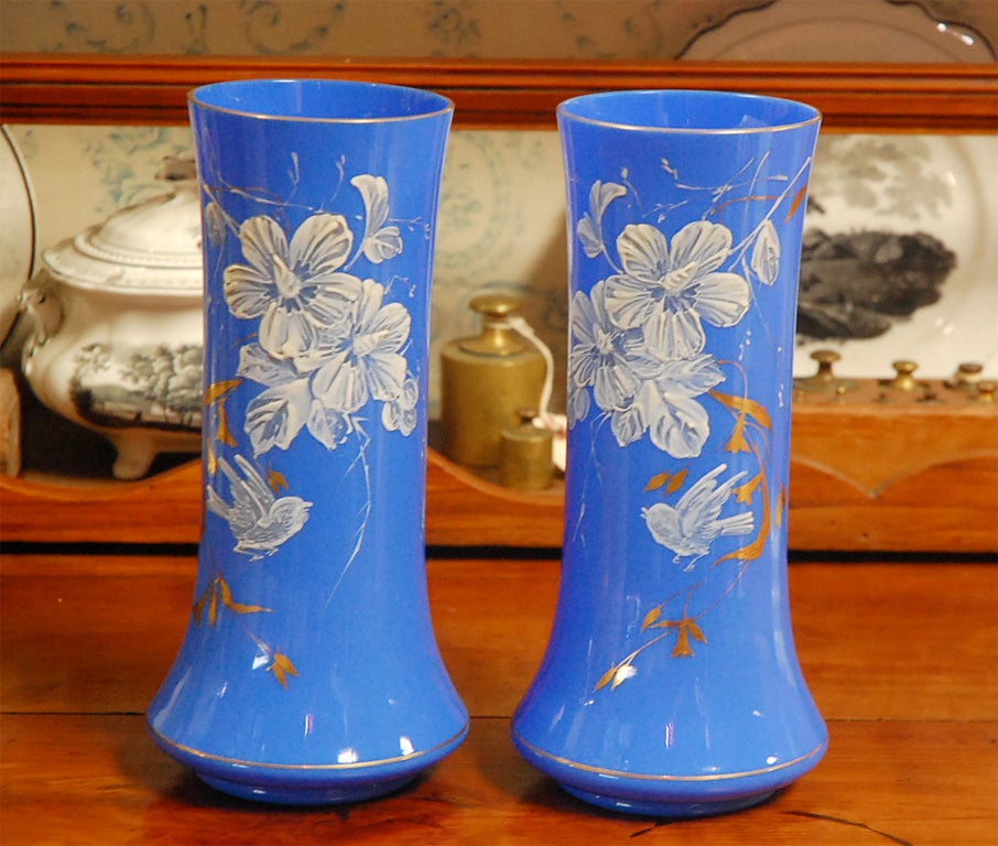 Unique pair of opaline blue color  vases - Hand painted overlay birds and  flowers