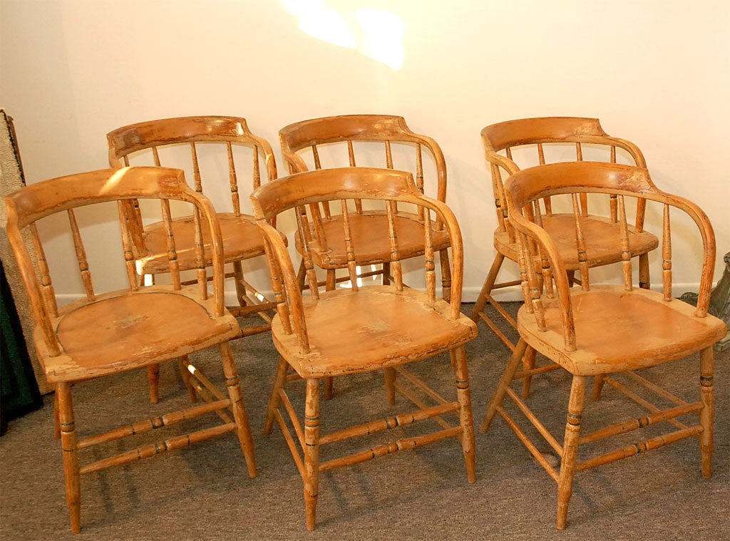 19THC ORIGINAL PAINTED BARREL BACK CAPTAIN CHAIRS