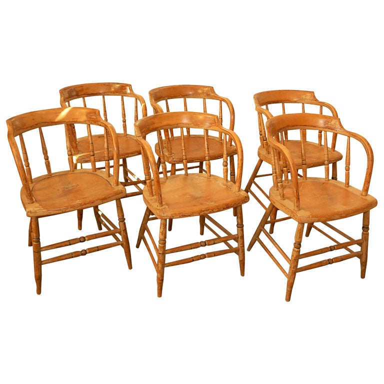 19THC ORIGINAL PAINTED BARREL BACK CAPTAIN CHAIRS