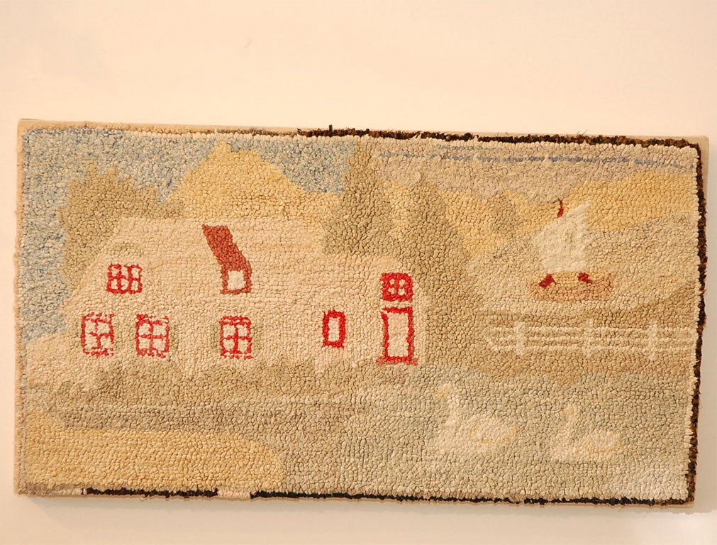 MOUNTED PICTORIAL HOUSE SCENE  WITH POND  AND SWAN RUG