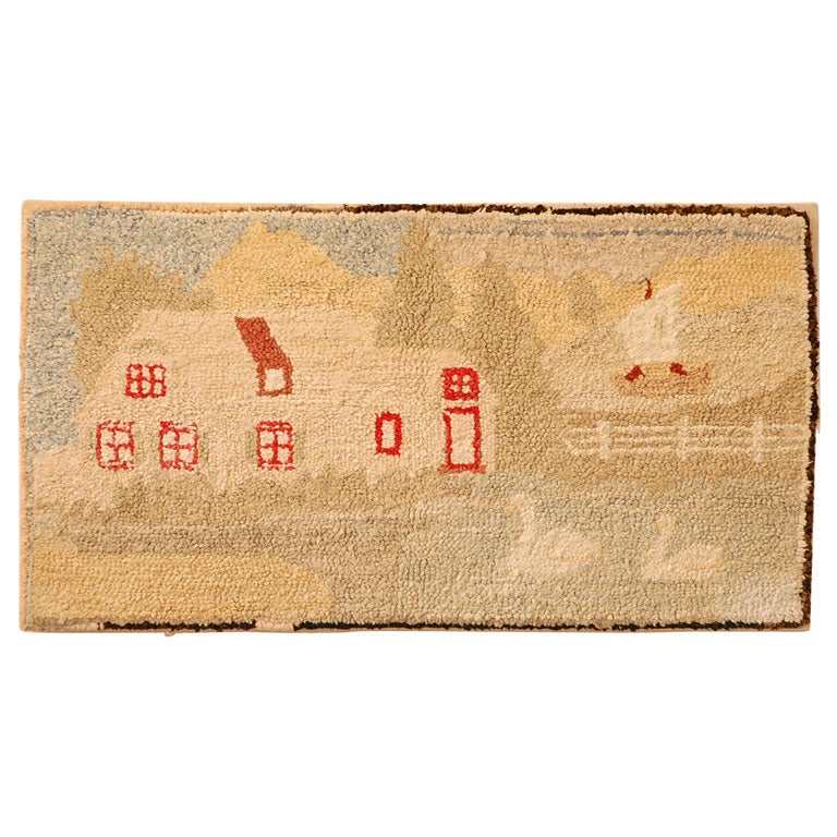 MOUNTED PICTORIAL HOUSE SCENE  WITH POND  AND SWAN RUG