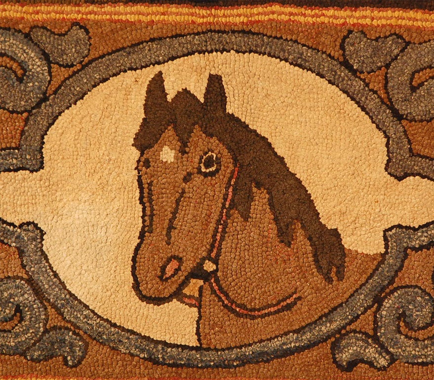 American MOUNTED HAND HOOKED RUG OF A HORSE IN A VICTORIAN FRAME