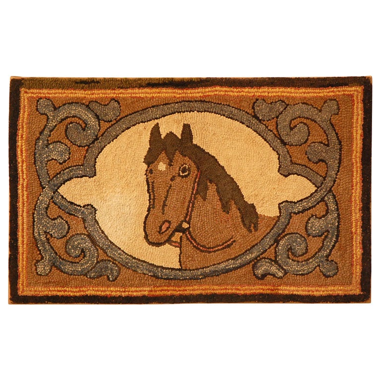 MOUNTED HAND HOOKED RUG OF A HORSE IN A VICTORIAN FRAME