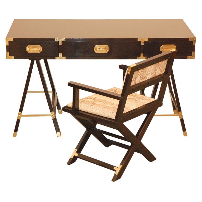 Lacquered Campaign Desk with Chair