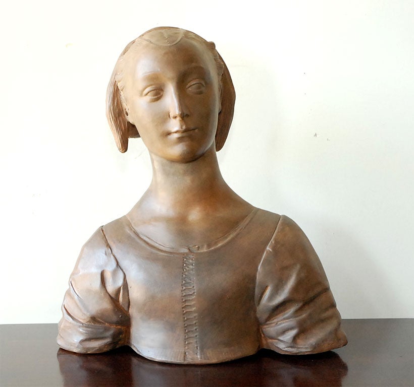 Renaissance style terracotta bust of a woman made in Italy in the latter half of the 20th Century.  "Bust of a Young Woman (Marietta di Lorenzo Strozzi)"  c.1462? See other listing - would be great as an unmatched pair.