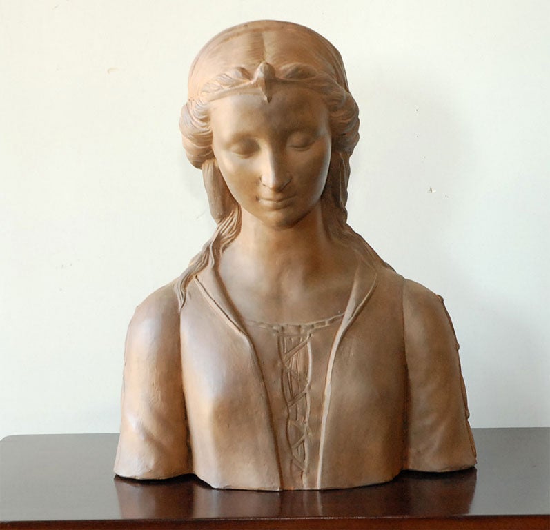 Renaissance style terra cotta bust of a woman made in Italy in the latter half of the 20th Century. See other listing-would be great as an unmatched pair.