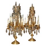 French gilt-bronze and glass ten light girandole lamps
