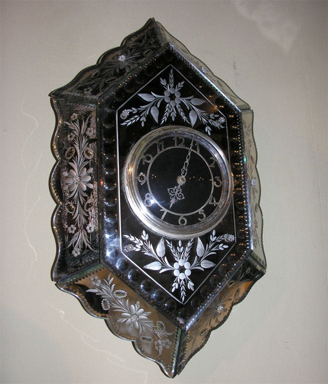 Italian Art Deco Venetian Etched Mirrored Wall Clock