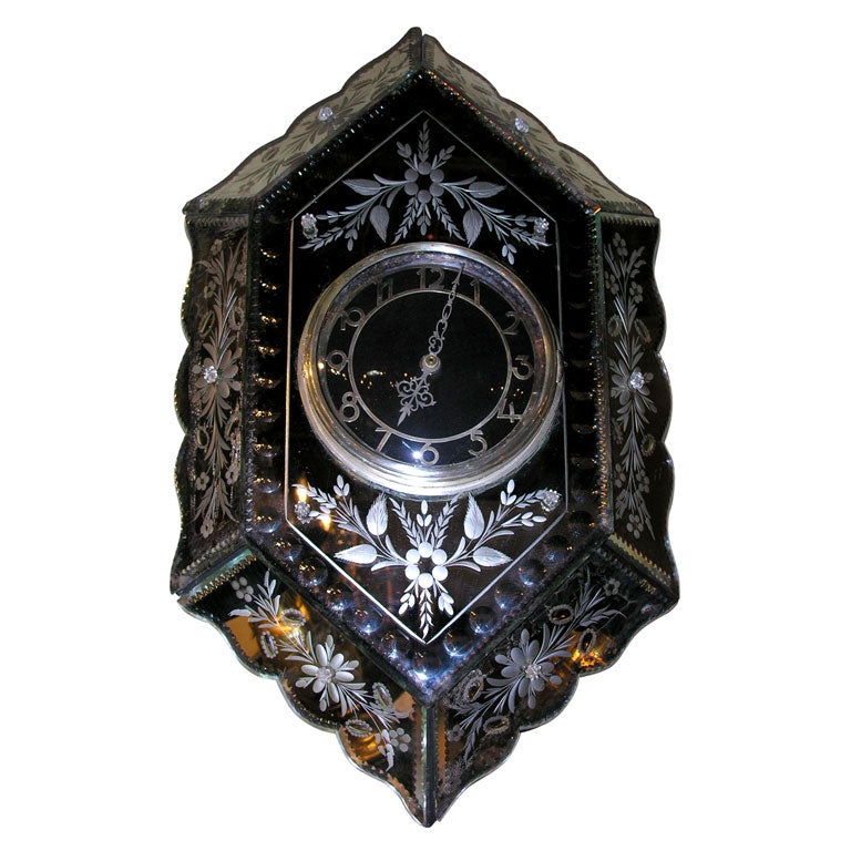 Art Deco Venetian Etched Mirrored Wall Clock