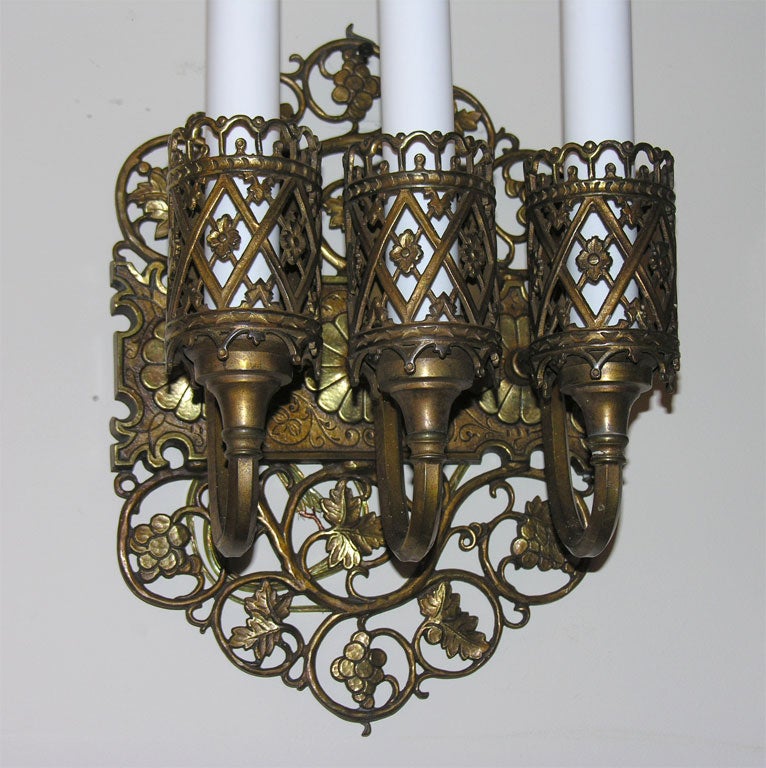 American Pair Oscar Bach bronze Neo-Renaissance wall sconces