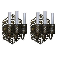 Pair Oscar Bach bronze Neo-Renaissance wall sconces