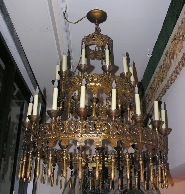 Large gilt metal two-tiered chandelier