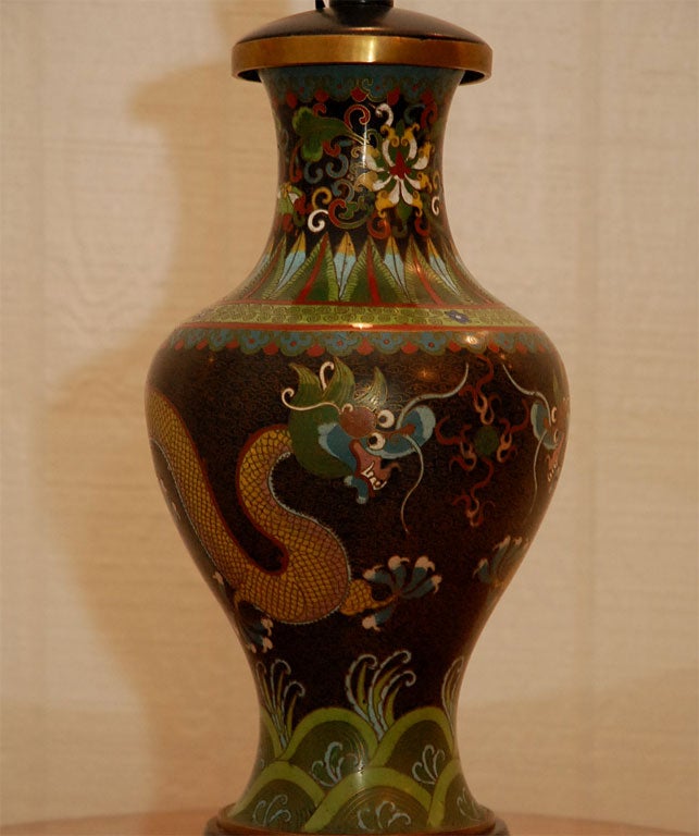 Wood Pair of  Antique Cloisonne Dragon Lamps