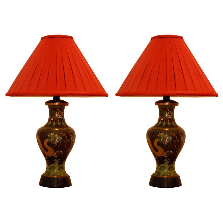 Pair of  Antique Cloisonne Dragon Lamps