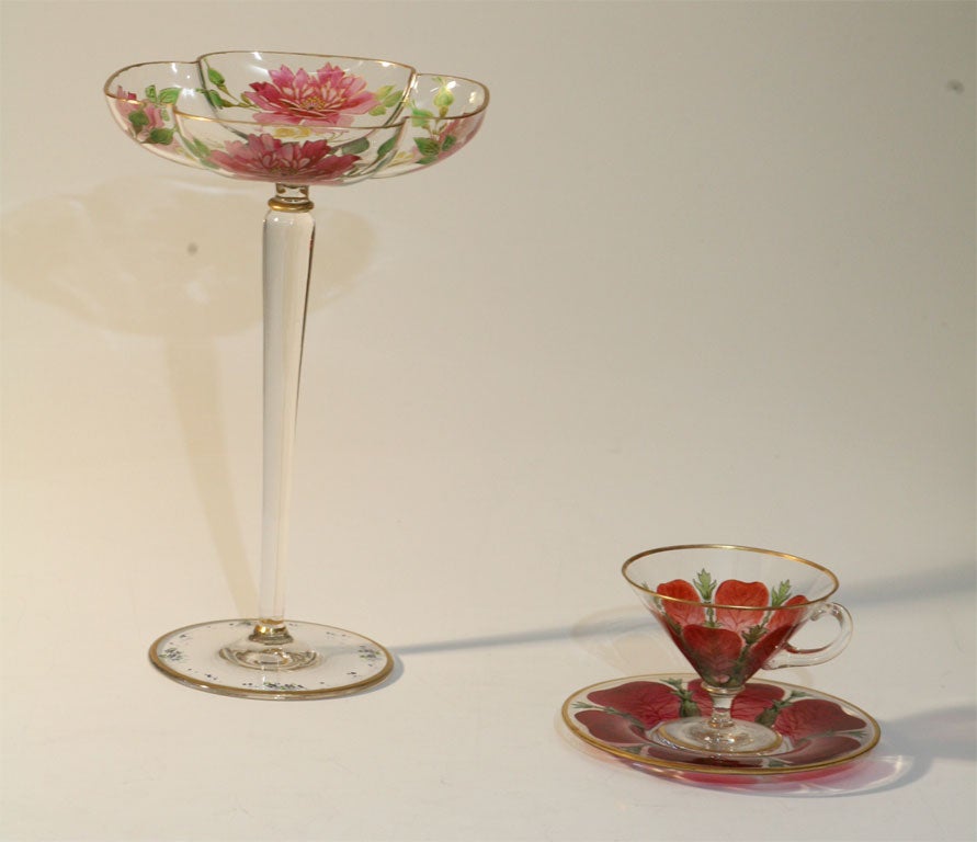 Art Nouveau Austrian Transparent Enamel Tall Compote & Cup/Saucer