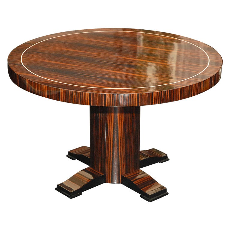 Round Art Deco Macassar Ebony Table with Bone Inlay