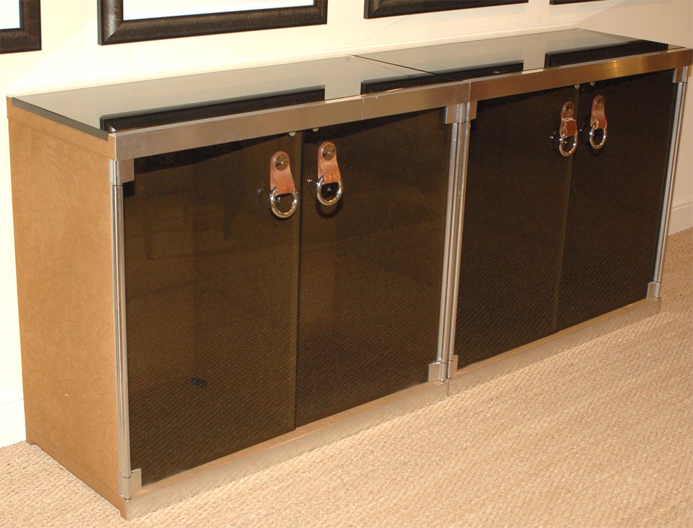 French Black Glass and Chrome Hermes Cabinet