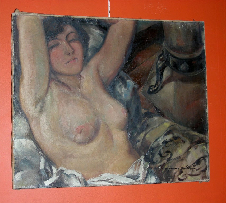 1930-1940 painting of a nude woman's torso signed by Raymond Pallier. No frame.