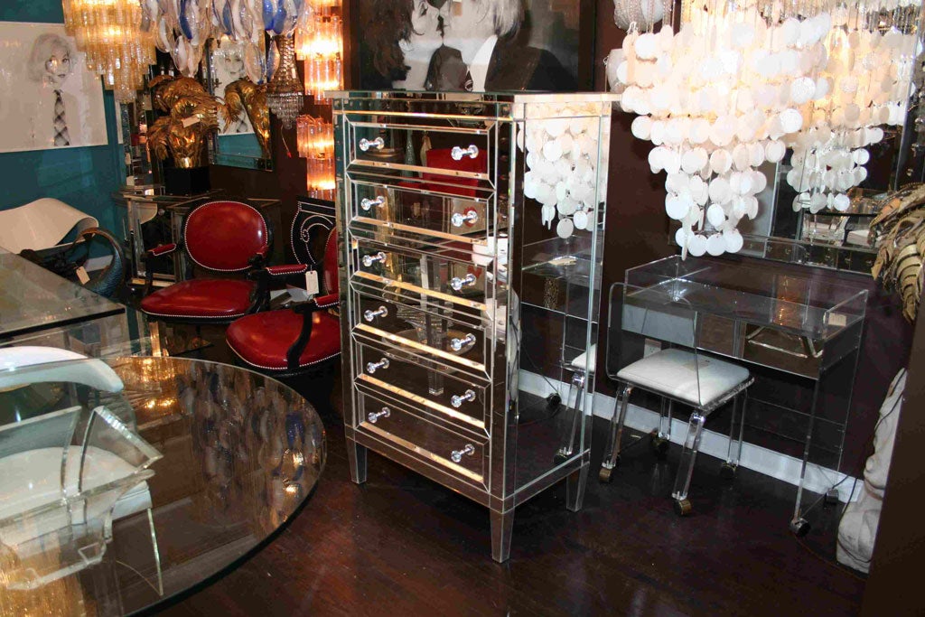 Neoclassical modern 6-drawer beveled mirrored highboy. Customization is available in different sizes, finishes and hardware.