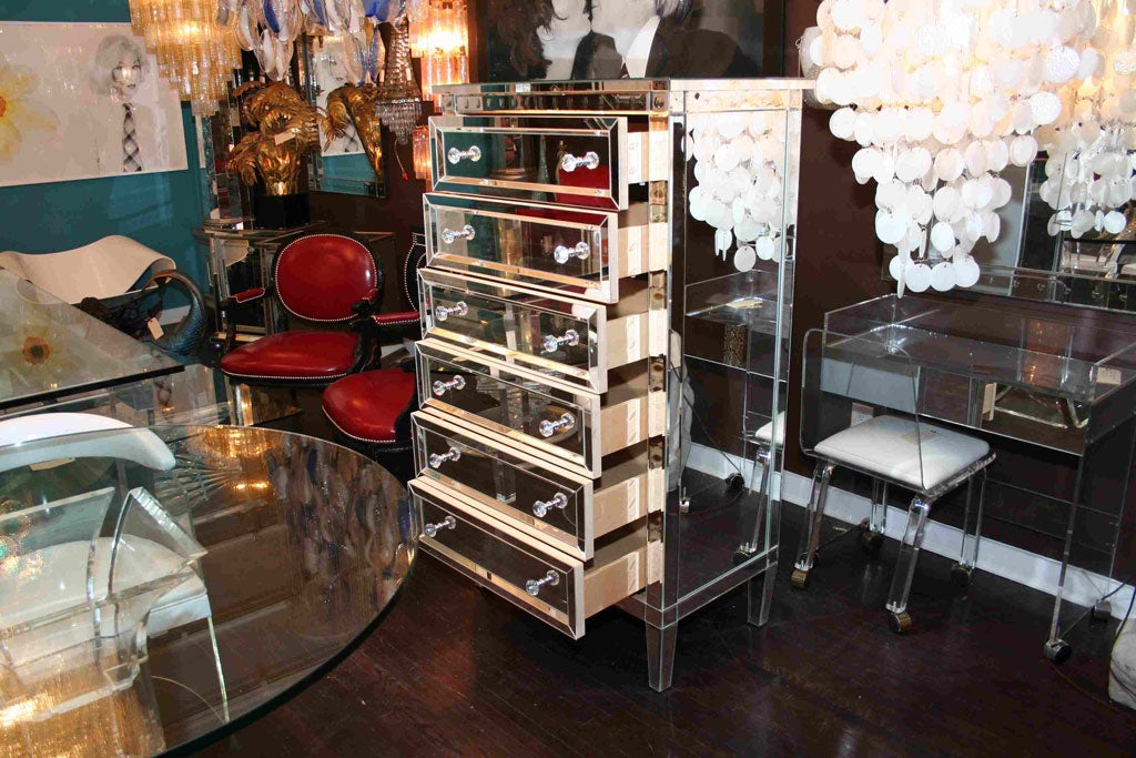 Glass Neoclassical Style 6-Drawer Beveled Mirrored Highboy For Sale