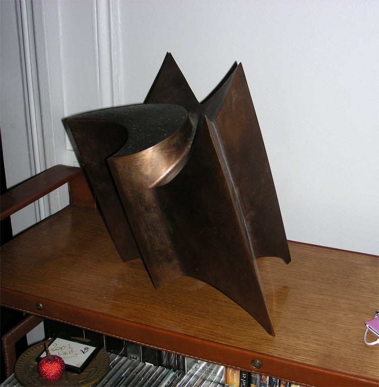 1970-1980 bronze sculpture signed by J.L. Vetter and numbered 1/8, shaped like an assembled star and moon.