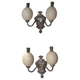 Two Ostrich Eggs and Silver Bronze Sconces