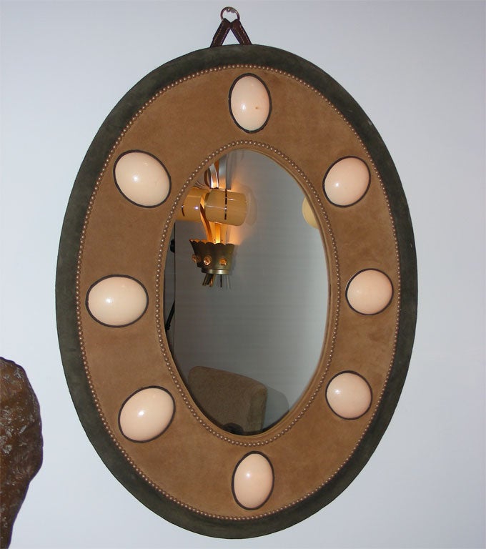 1960s Mirror with Suede Frame and Ostrich Eggs