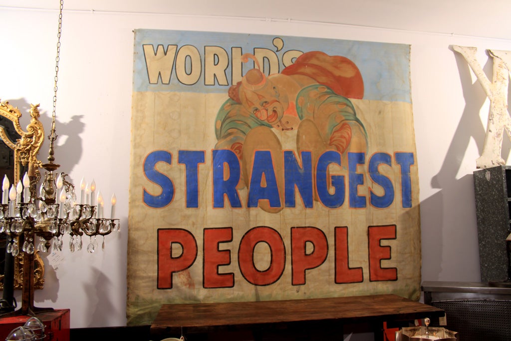 Multi-colored hand painted canvas banner from a side/freak show in the New York area.