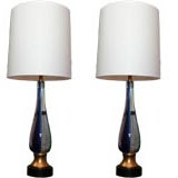 Pair of  Green, Blue and Gold Swirl Murano Glass Lamps