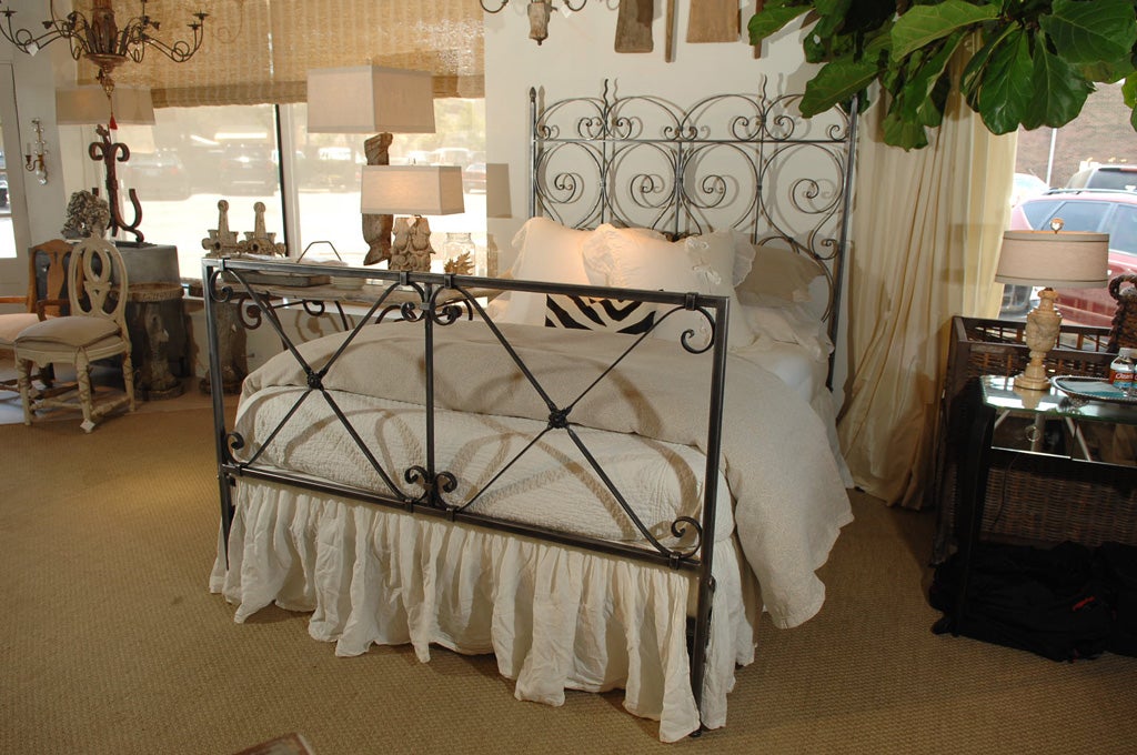 Lisa Luby Ryan Custom Iron Bed inspired by a French Relic.  All hand forged in the United States.  King and Queen both available.  Queen pictured here.  Only the iron bed is included in this price; no linens.