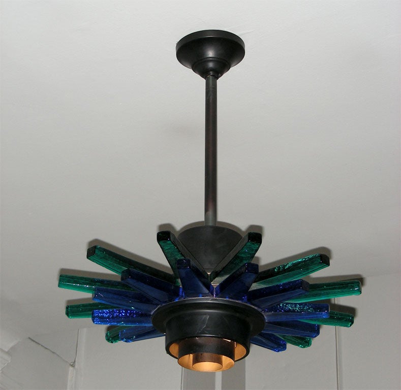 Italian star-shaped green and blue glass chandelier.