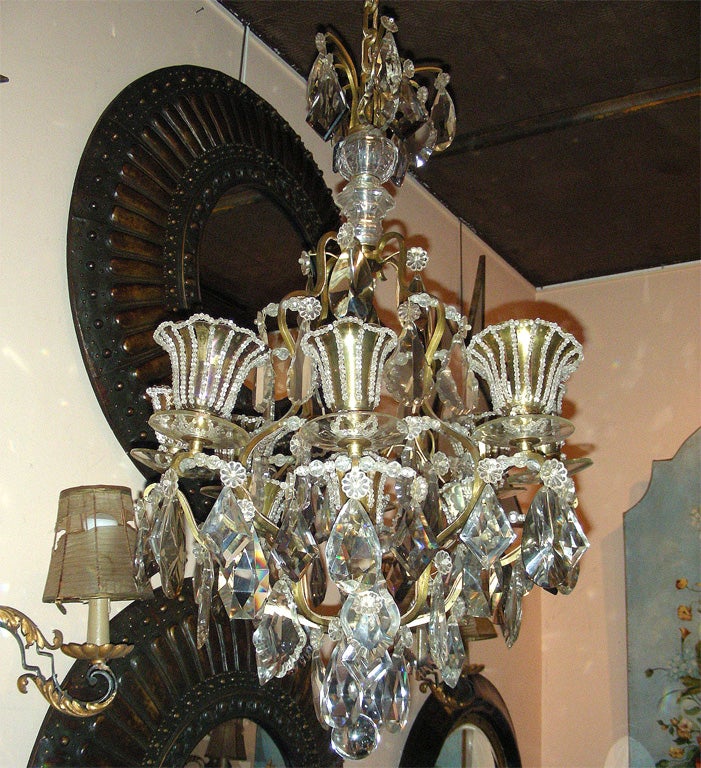 French 1940s Chandelier in Brass Glass and Crystal For Sale