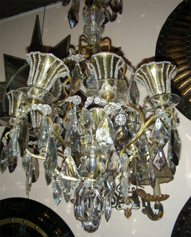 1940s Chandelier in Brass Glass and Crystal For Sale 1