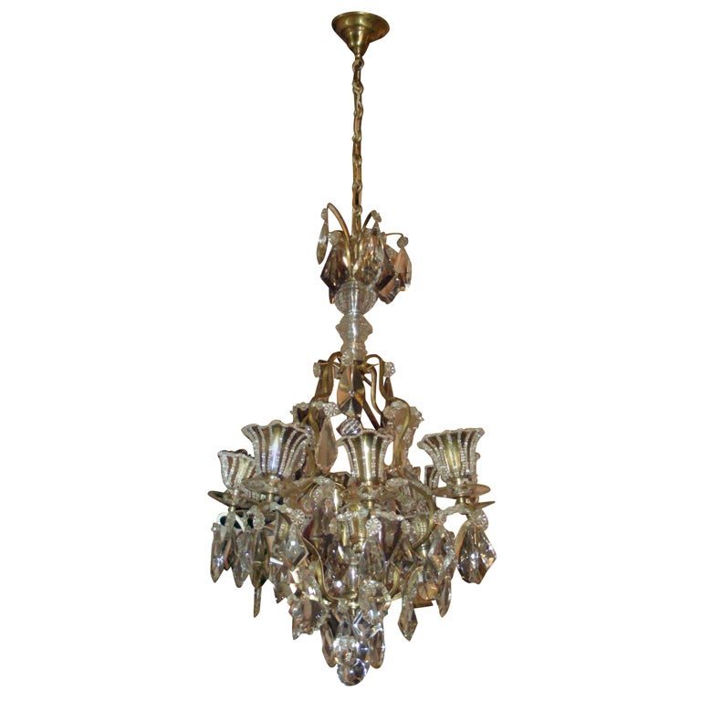 1940s Chandelier in Brass Glass and Crystal For Sale